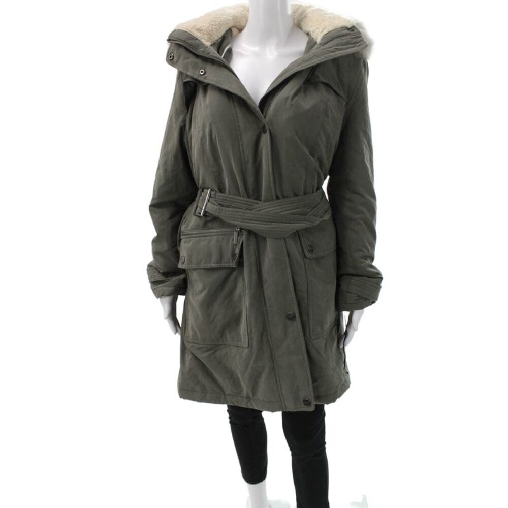 DKNY Women Parka Green Buckle Collared Long Sleeve Army Size XL